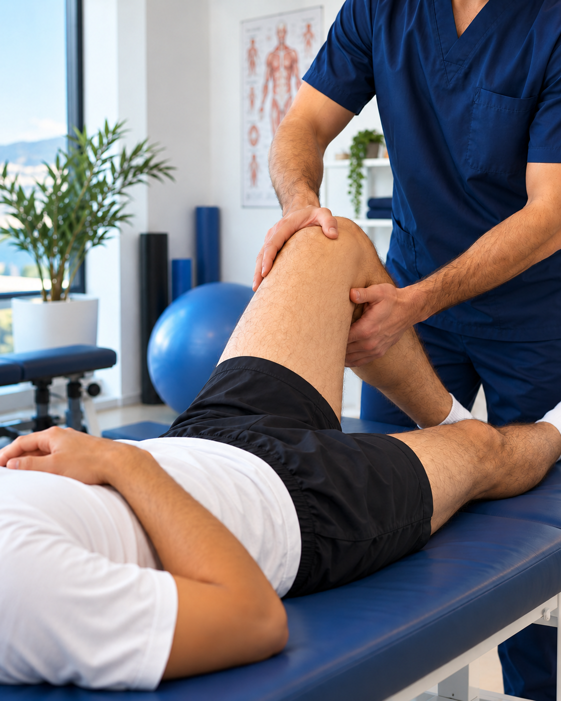Physiotherapist examining a patient's knee